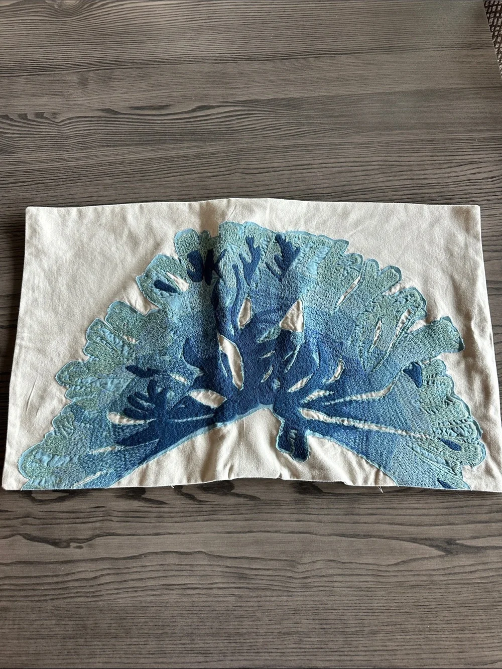 Pottery Barn Blue Coral Appliqué/Embroidered Pillow Cover 26” x 16”